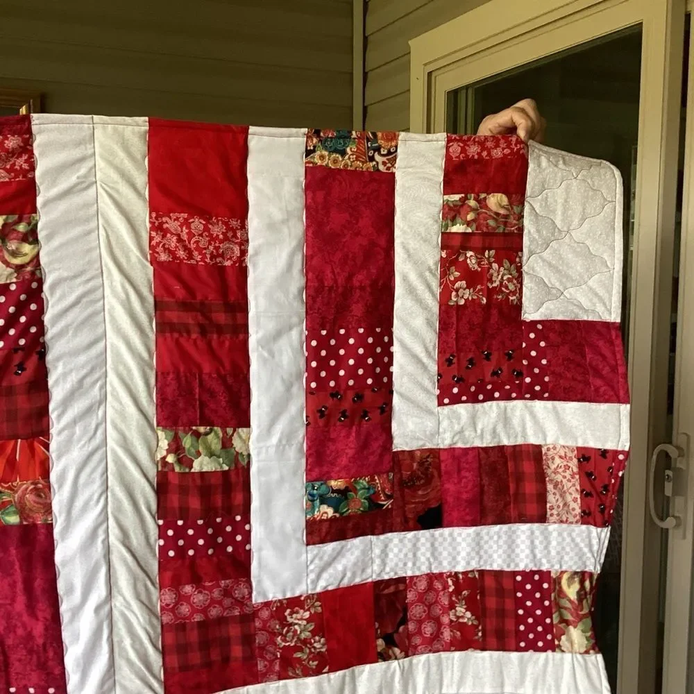 NWT. Hand Crafted “Strawberry Fields” Red and White Patchwork Quilt